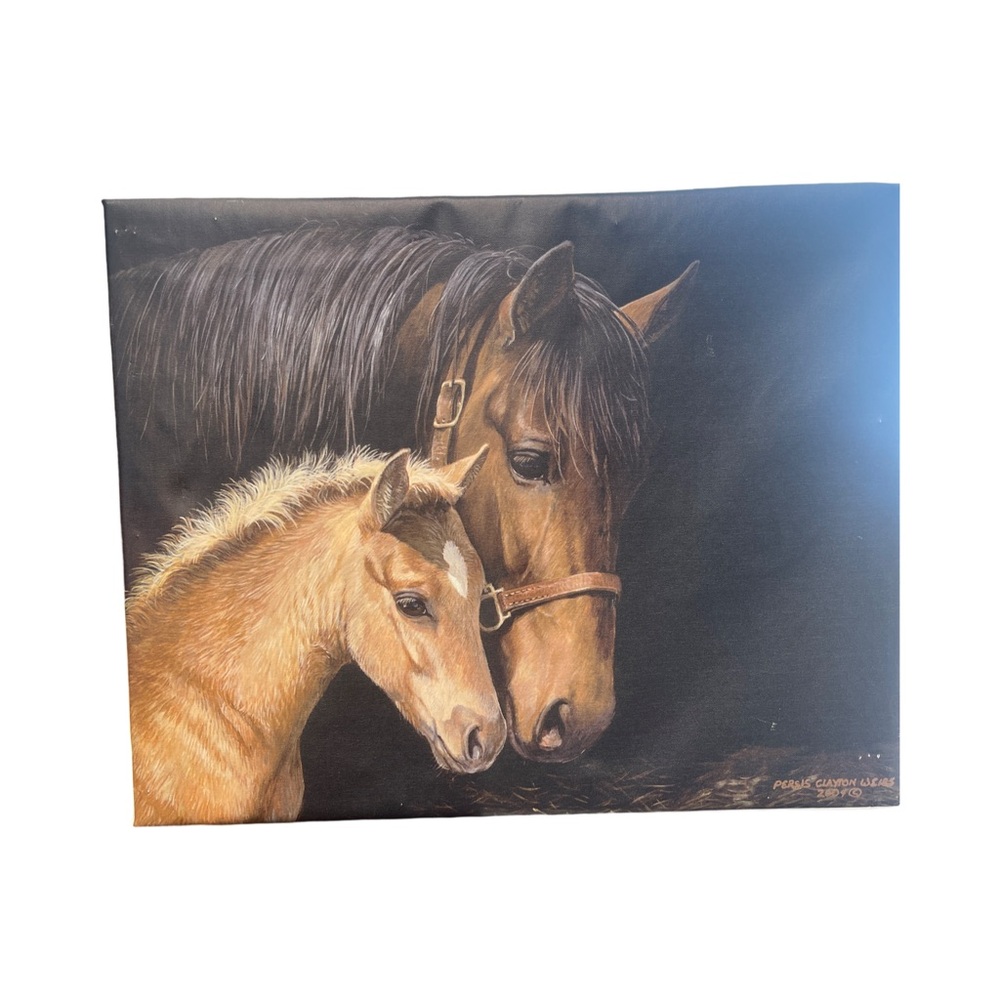Large Oil on Canvas. Horses. Solid Oak Floating Frame. 37" x 25".